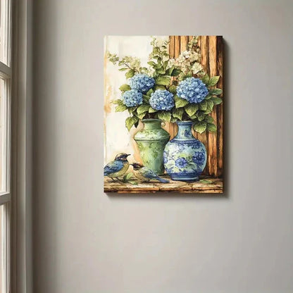 Beautiful Vintage Blue Hydrangeas In Vase Painting 60x90cm Metal Print Ready to Hang