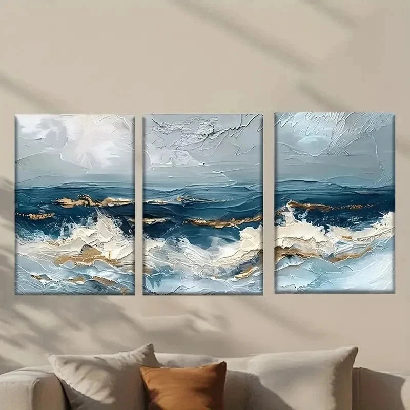 3pcs Abstract Ocean Waves in Blue and White Wall Art Set Canvas Framed 40x60cm - High Quality Print 100% Australian Made Wall Canvas Ready to Hang