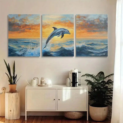3pcs Vivid Sunset Ocean Waves with Dolphins Metal Print Ready to Hang Art