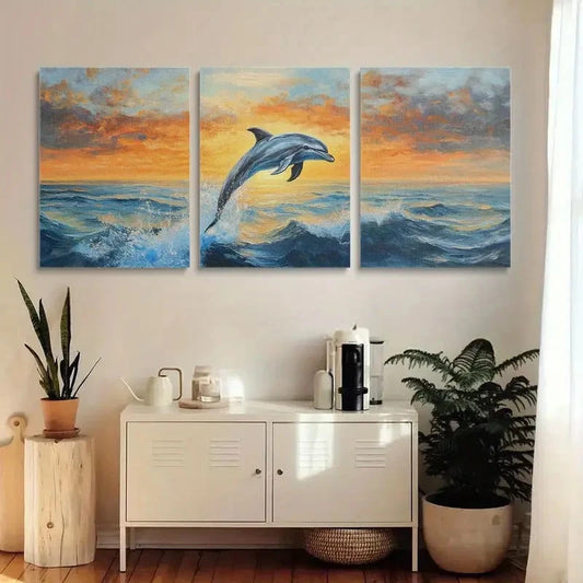 3pcs Vivid Sunset Ocean Waves with Dolphins Metal Print Ready to Hang Art
