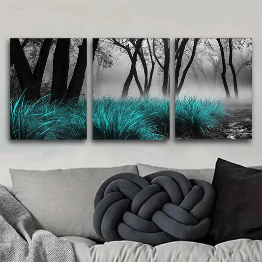 3pcs Enchanting Foggy Forest & Lush Greenery Scene Metal Print Ready to Hang Art