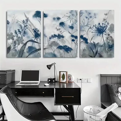 3pcs Blue Grey Flower Leaf Canvas Framed 60x90cm - High Quality Print 100% Australian Made Wall Canvas Ready to Hang
