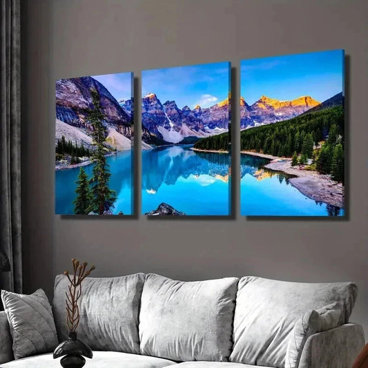 3pcs Mountains Blue Lake and Green Forest Wall Art Set Canvas Framed 40x60cm - High Quality Print 100% Australian Made Wall Canvas Ready to Hang