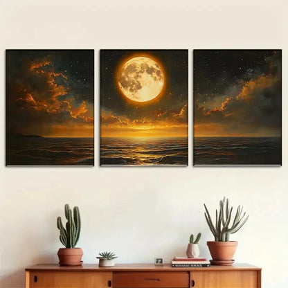 3pcs Stunning Moonlight Ocean Night Sky and Sea Metal Print Ready to Hang Art