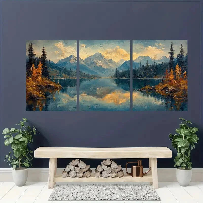 3pcs Rustic Lake Painting Mountain Landscape Metal Print Ready to Hang Art