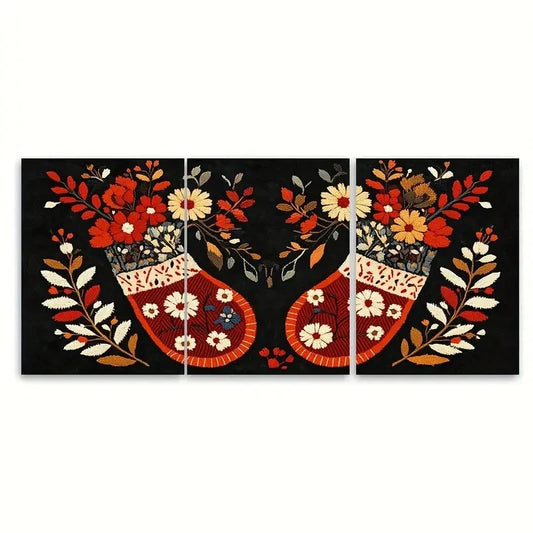 3pcs Muhu Embroidered Mittens Design Traditional Metal Print Ready to Hang Art