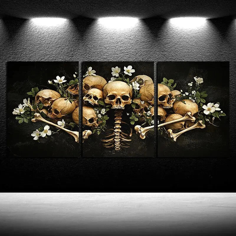3pcs Vibrant Skeleton in the White Flowers Design Metal Print Ready to Hang Art