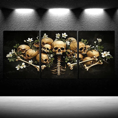 3pcs Vibrant Skeleton in the White Flowers Design Metal Print Ready to Hang Art