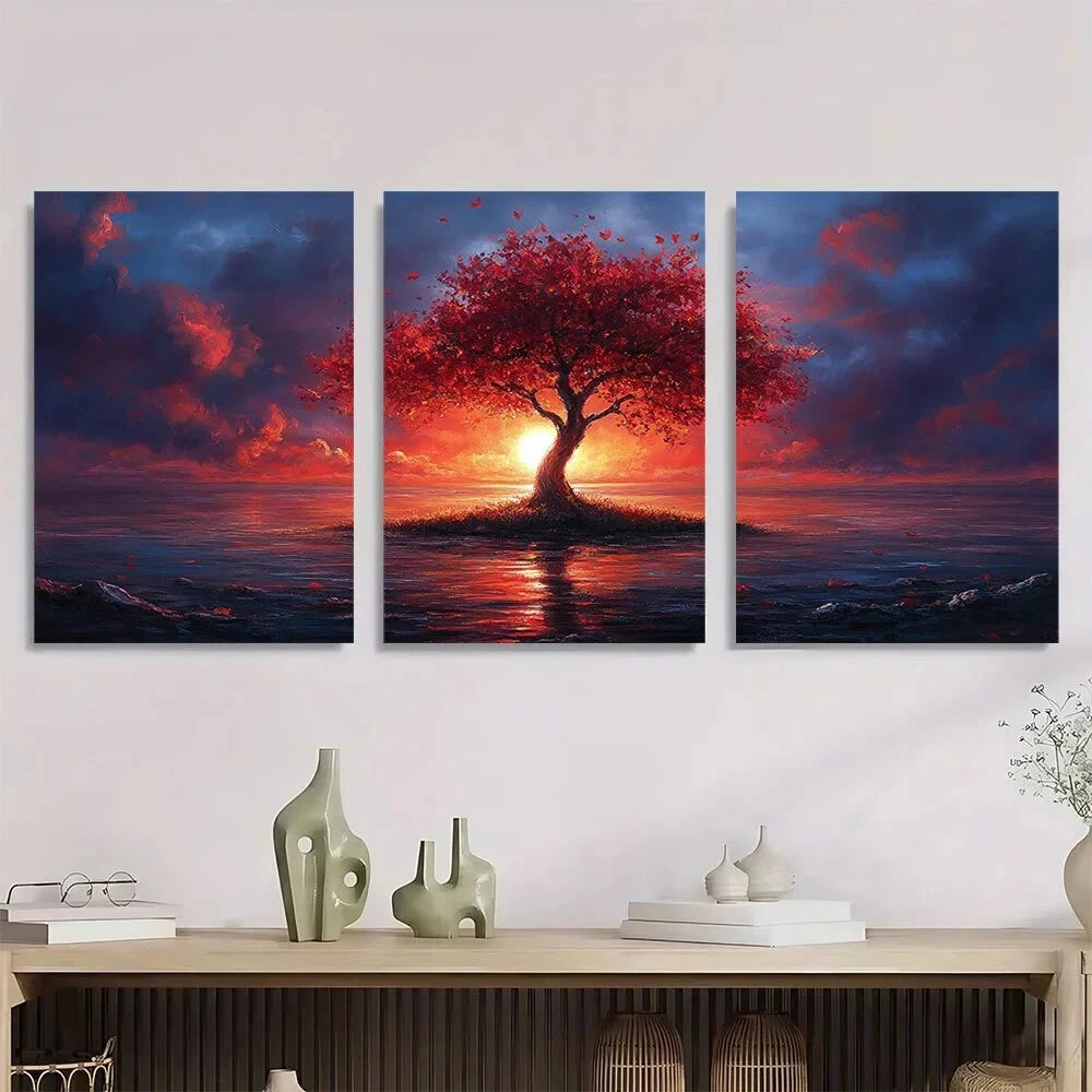 3pcs Vibrant Sunset Tree Water Scene Metal Print Ready to Hang Art