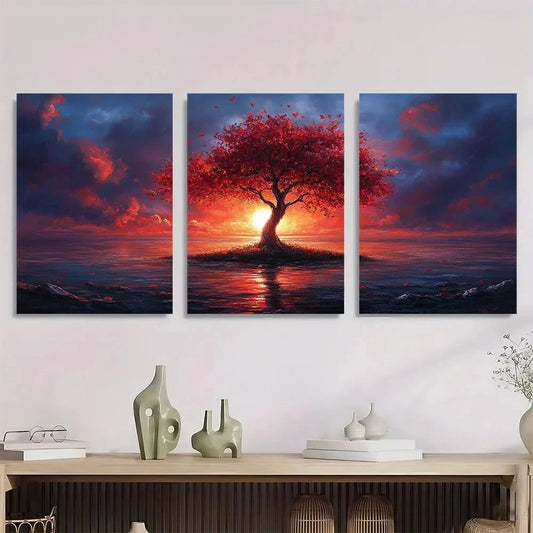 3pcs Vibrant Sunset Tree Water Scene Metal Print Ready to Hang Art