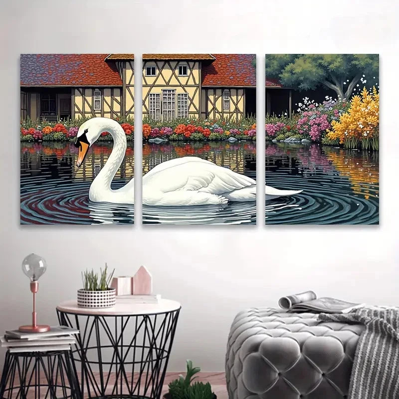 3pcs White Swan & Floral Cottage Scene Wall Art Set Canvas Framed 50x70cm - High Quality Print 100% Australian Made Wall Canvas Ready to Hang