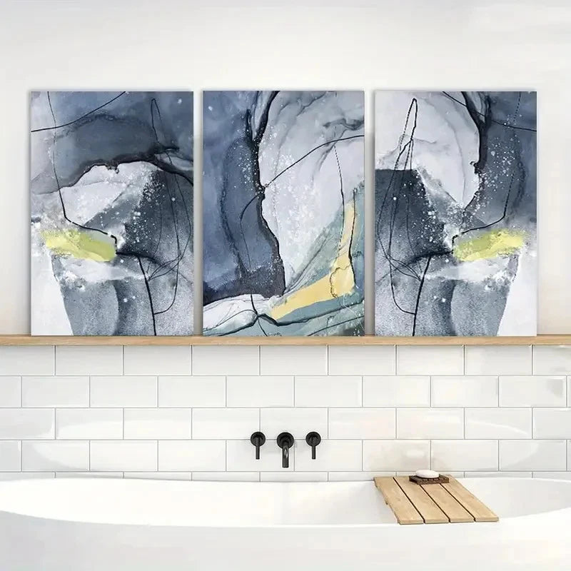 3pcs Gray with Bold Black & Yellow Accents Metal Print Ready to Hang Art