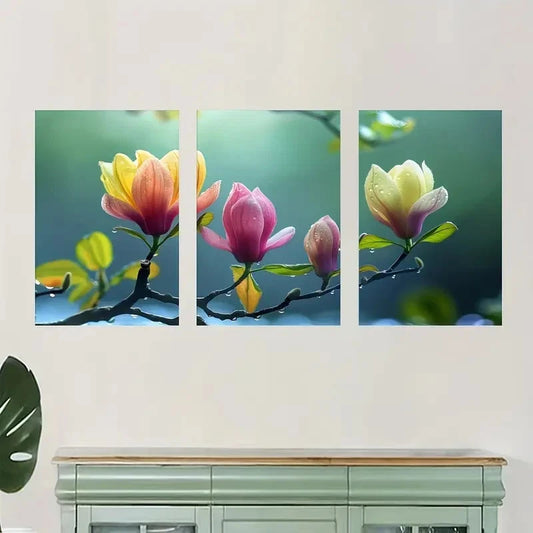 3pcs Featuring Vibrant Pink Yellow and Green Metal Print Ready to Hang Art