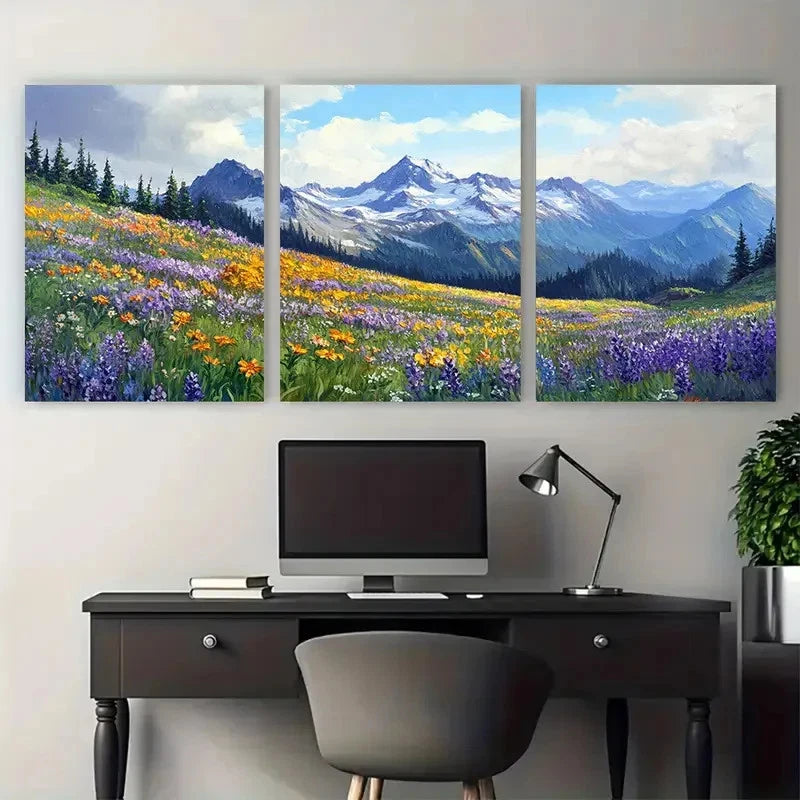 3pcs Pacific Northwest Mountain Wildflowers Wall Art Set Canvas Framed 60x90cm - High Quality Print 100% Australian Made Wall Canvas Ready to Hang