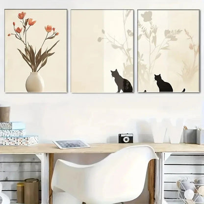 3pcs Charming Cat and Floral Wall Decor Metal Print Ready to Hang Art