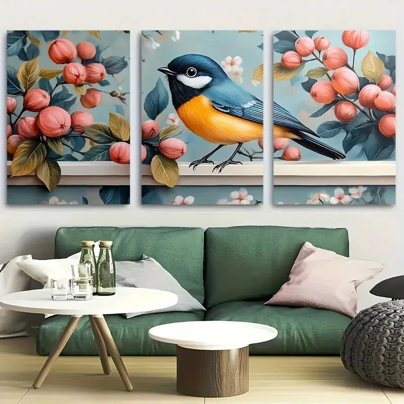 3pcs Vibrant Bird & Floral Tropical Design Metal Print Ready to Hang Art