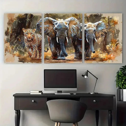 3pcs Elephants and Leopard Exotic Tropical Wall Art Canvas Unframed – High Quality Print 100% Australian Made Wall Canvas