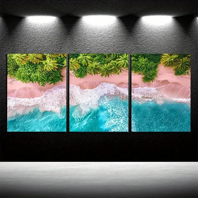 3pcs Vibrant Pink Tropical Beach Illustration Metal Print Ready to Hang Art