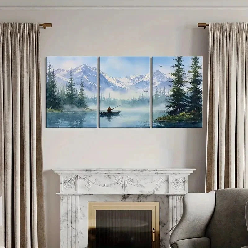 3pcs Alpine Lake Fishing Scene Tranquil Nature Metal Print Ready to Hang Art