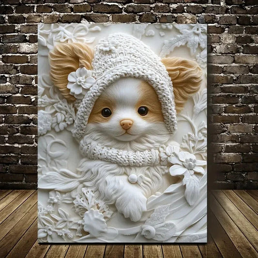 Featuring a Papillon Puppy Wearing a Winter Hat 40x60cm Metal Print Ready to Hang