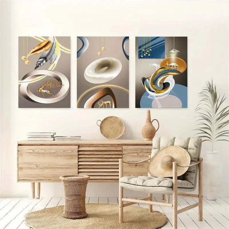 3pcs Abstract Golden Leaves Flowers and Deer Metal Print Ready to Hang Art