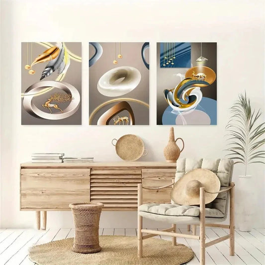 3pcs Abstract Golden Leaves Flowers and Deer Metal Print Ready to Hang Art