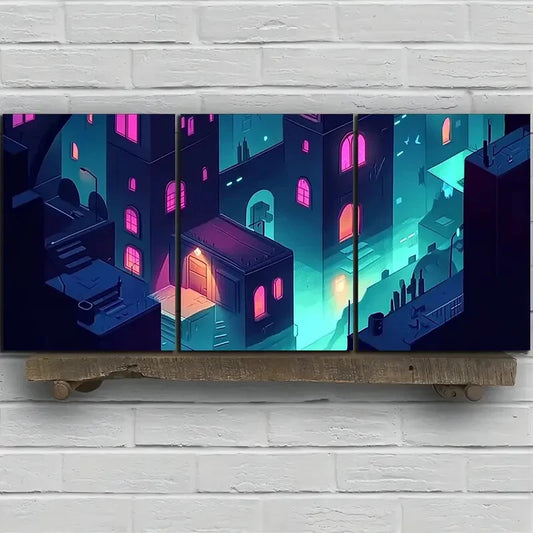 3pcs Neon City Paintings Big Buildings Metal Print Ready to Hang Art