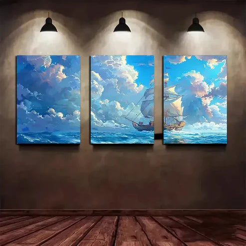 3pcs Mysterious Sail in The Sea Canvas Framed 60x90cm - High Quality Print 100% Australian Made Wall Canvas Ready to Hang