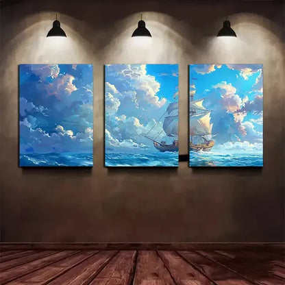 3pcs Mysterious Sail in The Sea Canvas Framed 60x90cm - High Quality Print 100% Australian Made Wall Canvas Ready to Hang