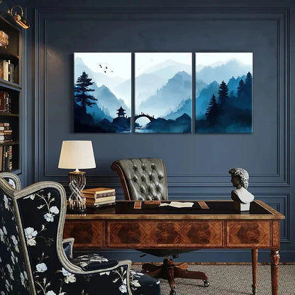 3pcs Traditional Bridge Mountain Scenery Metal Print Ready to Hang Art