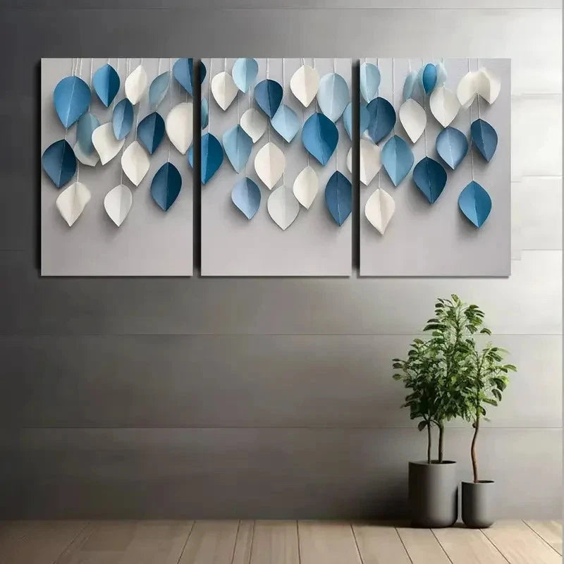 3pcs Simple White and Blue Paper Leaves Metal Print Ready to Hang Art