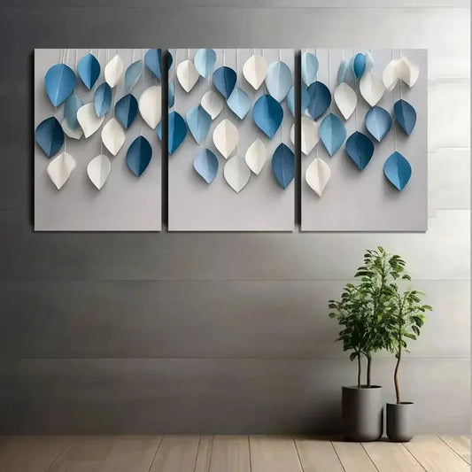 3pcs Simple White and Blue Paper Leaves Metal Print Ready to Hang Art