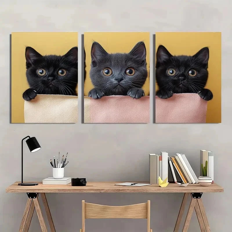 3pcs Adorable Black Playful Cats Painting Metal Print Ready to Hang Art