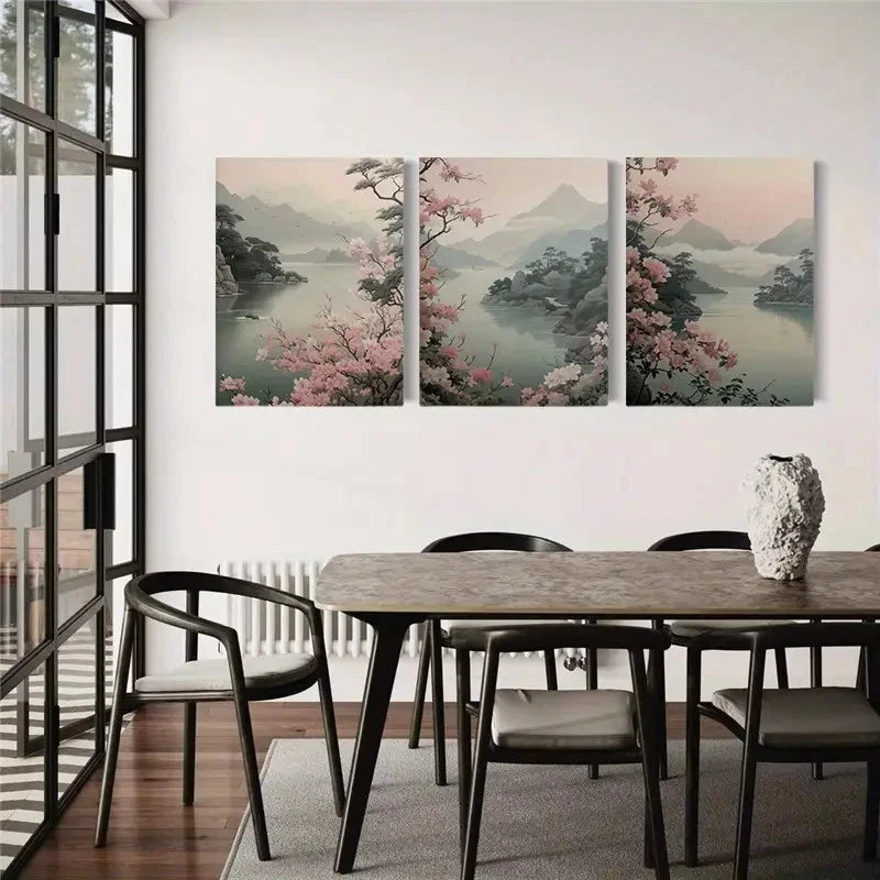 3pcs Vibrant Pink Sakura Trees & Misty Mountains Metal Print Ready to Hang Art
