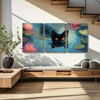 3pcs Black Cat Water Lilies Abstract Art Metal Print Ready to Hang Art