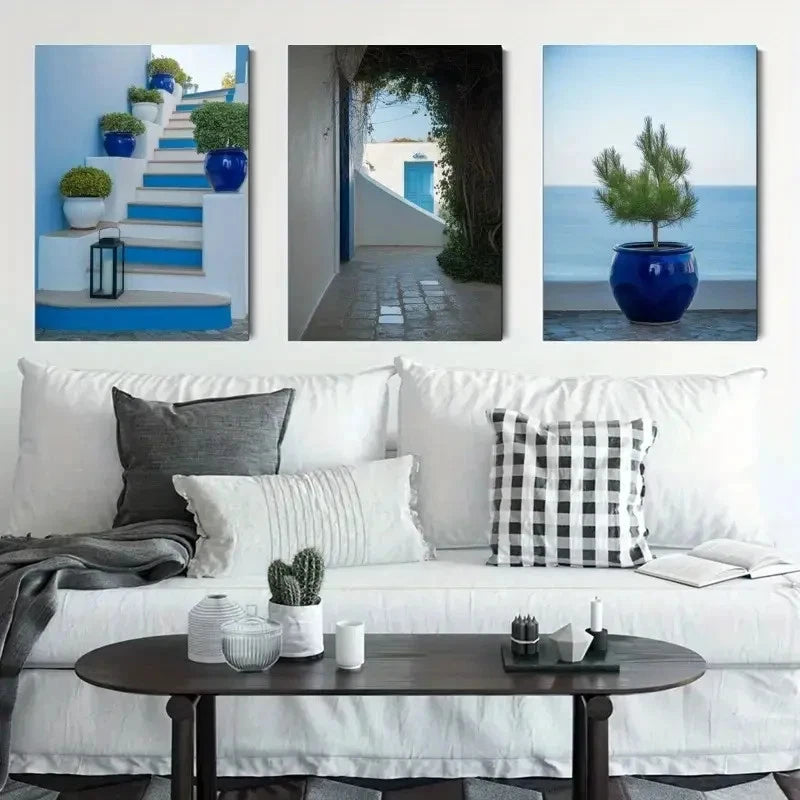 3pcs White Walls Mediterranean Blue Pottery Metal Print Ready to Hang Art