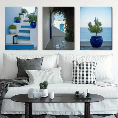 3pcs White Walls Mediterranean Blue Pottery Metal Print Ready to Hang Art
