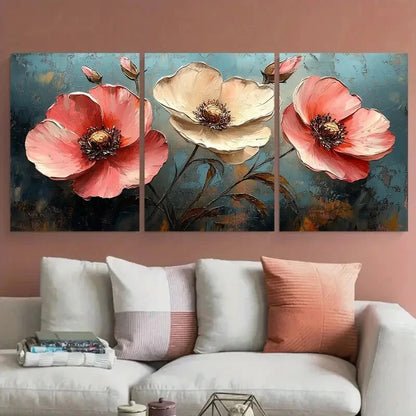 3pcs Vibrant Pink White Flower Abstract Modern Metal Print Ready to Hang Art