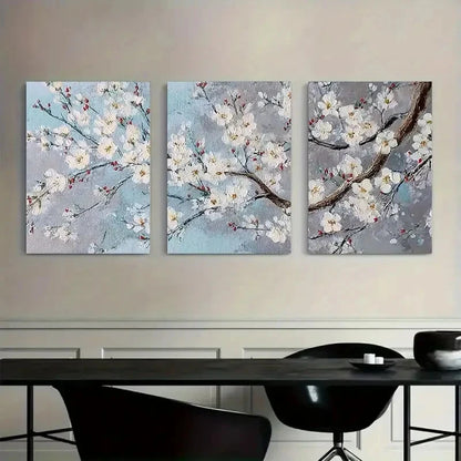 3pcs Cherry Blossom Painting on Grey Background Metal Print Ready to Hang Art