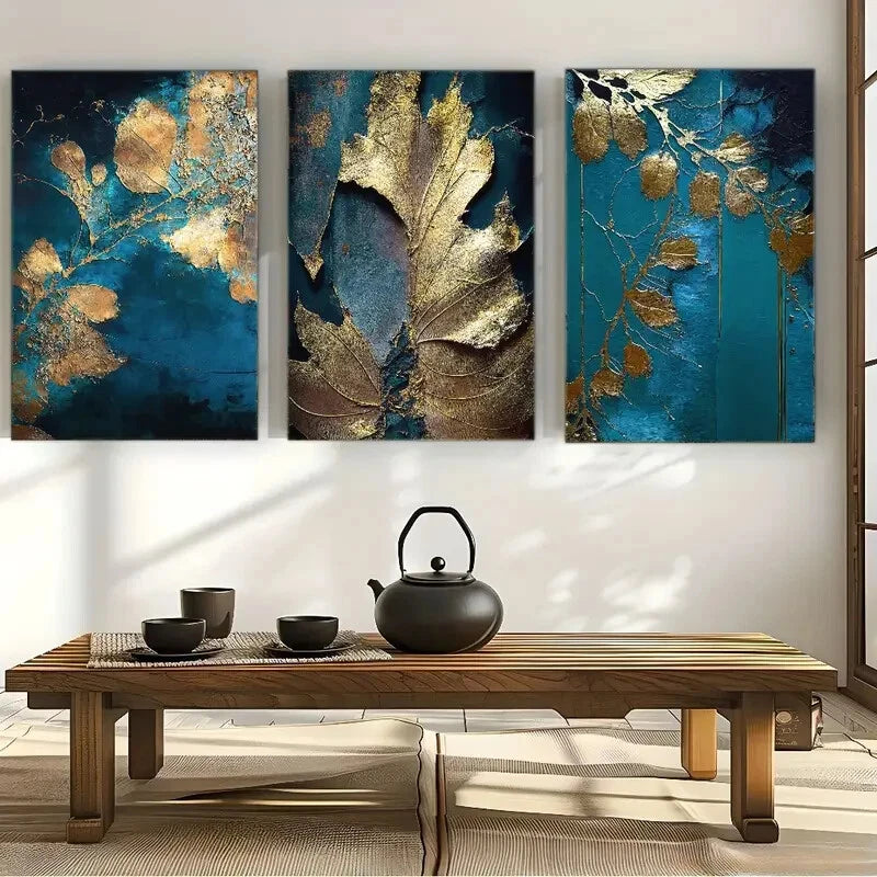 3pcs Featuring Abstract Golden Leaf Designs Metal Print Ready to Hang Art