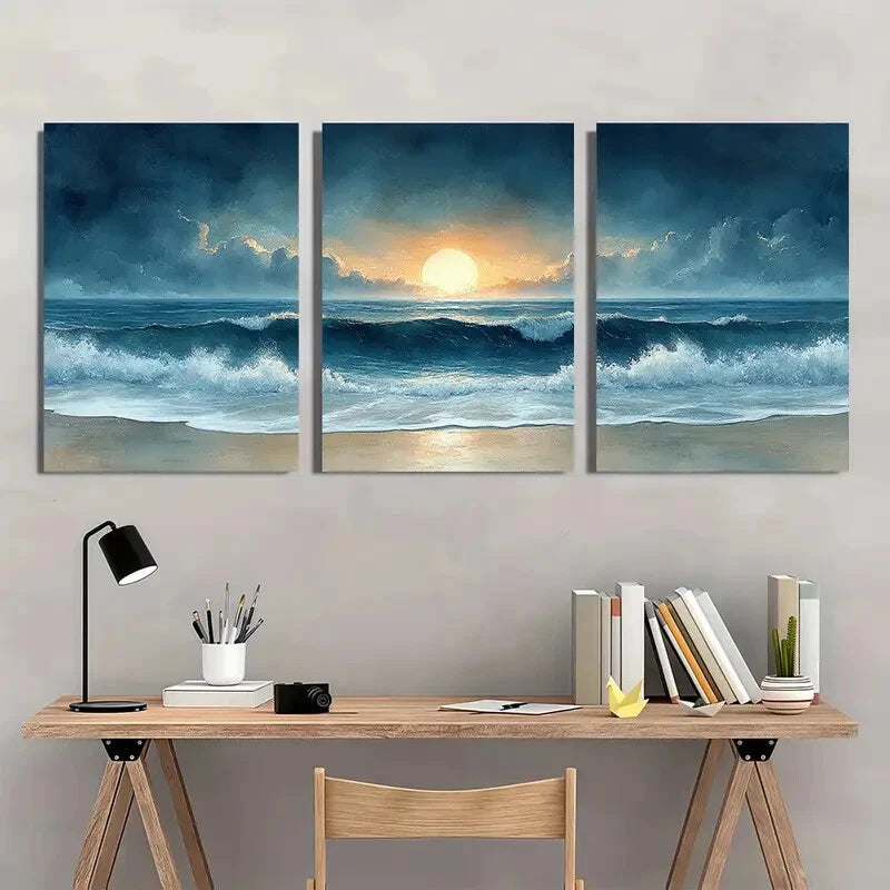 3pcs Ocean Beach Watercolor Art Seascape Paintings Metal Print Ready to Hang Art