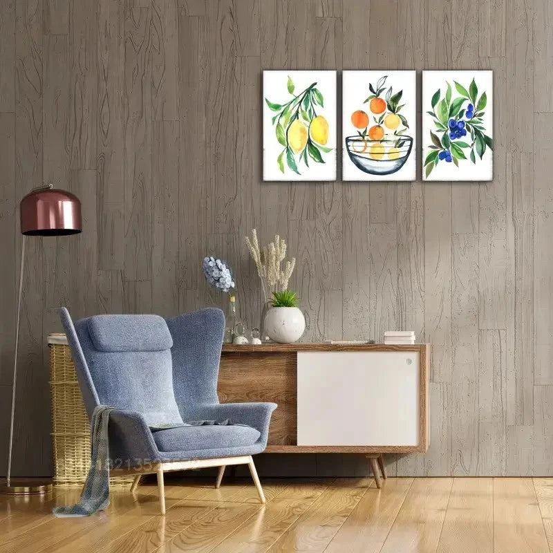 3pcs Lemon Orange Blueberry Fruit Art Metal Print Ready to Hang Art