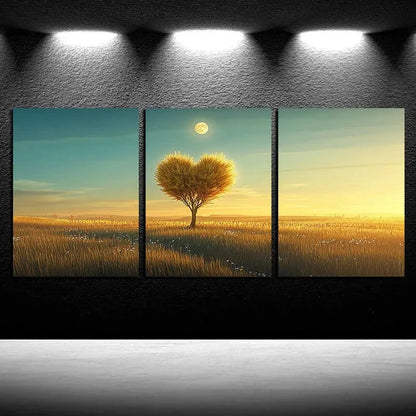 3pcs Heart Shaped Tree on the Grassland Design Metal Print Ready to Hang Art