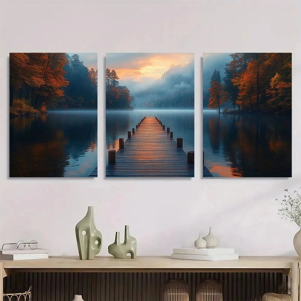 3pcs Rustic Tranquil Lake View Forest & Sunset Metal Print Ready to Hang Art