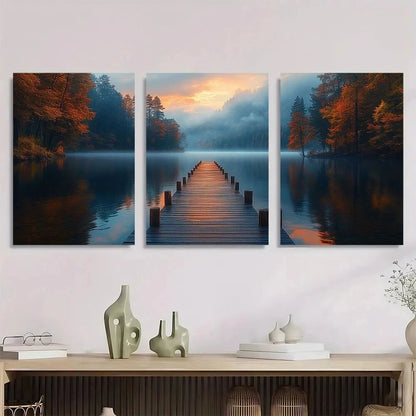 3pcs Rustic Tranquil Lake View Forest & Sunset Metal Print Ready to Hang Art