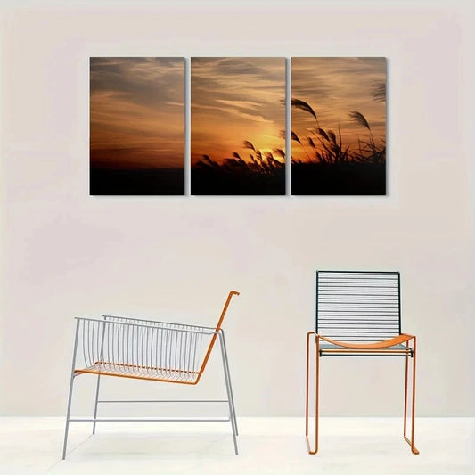 3pcs Sunset and Silhouette Grasses Metal Print Ready to Hang Art