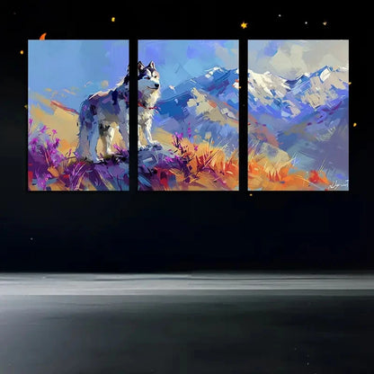 3pcs Vibrant Husky in The Flower Field Mountain Metal Print Ready to Hang Art