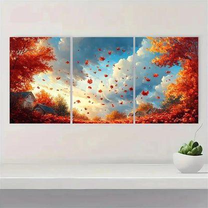3pcs Giclee Autumn Landscape Falling Leaves Metal Print Ready to Hang Art