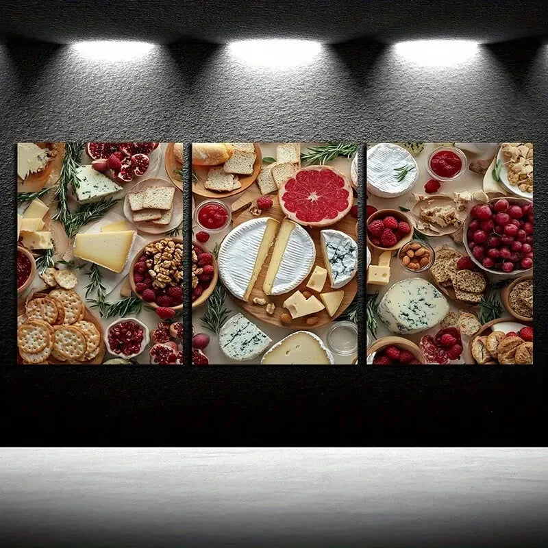 3pcs Gourmet Food and Cheese Platter Design Metal Print Ready to Hang Art