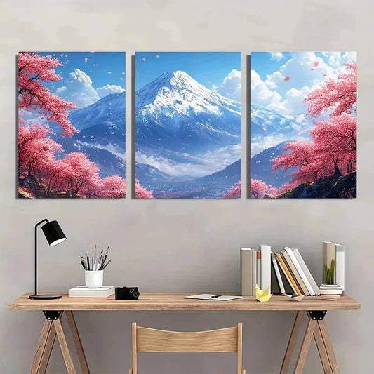 3pcs Cherry Blossom Mountain Nature Perfect Wall Art Set Canvas Framed 40x60cm - High Quality Print 100% Australian Made Wall Canvas Ready to Hang